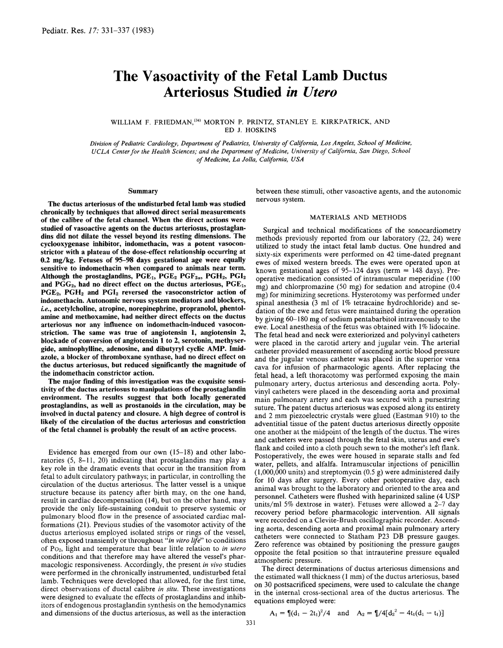 The Vasoactivity of the Fetal Lamb Ductus Arteriosus Studied in Utero