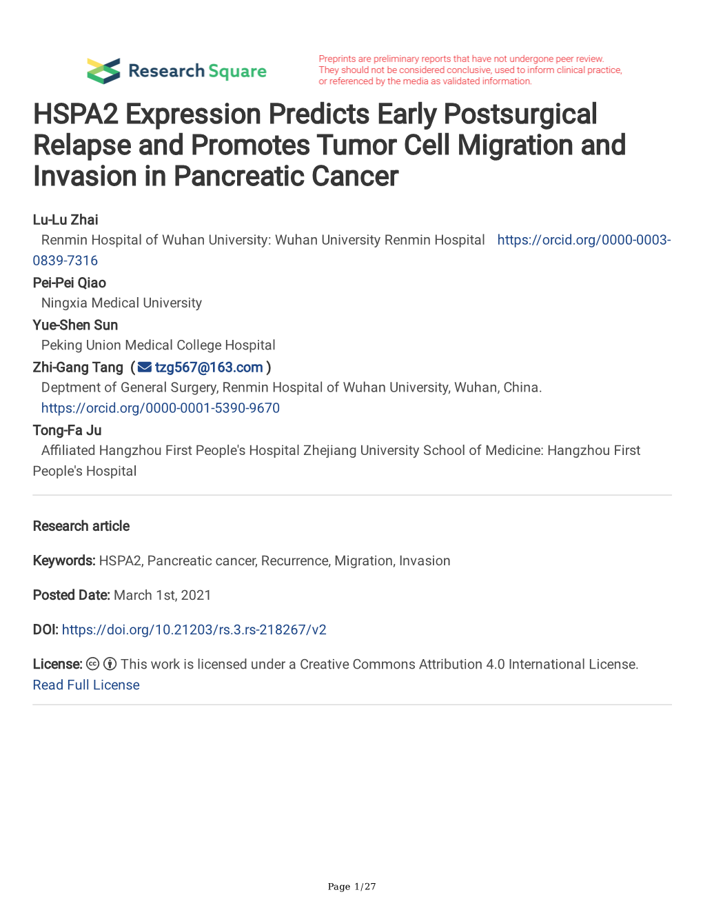 HSPA2 Expression Predicts Early Postsurgical Relapse and Promotes Tumor Cell Migration and Invasion in Pancreatic Cancer