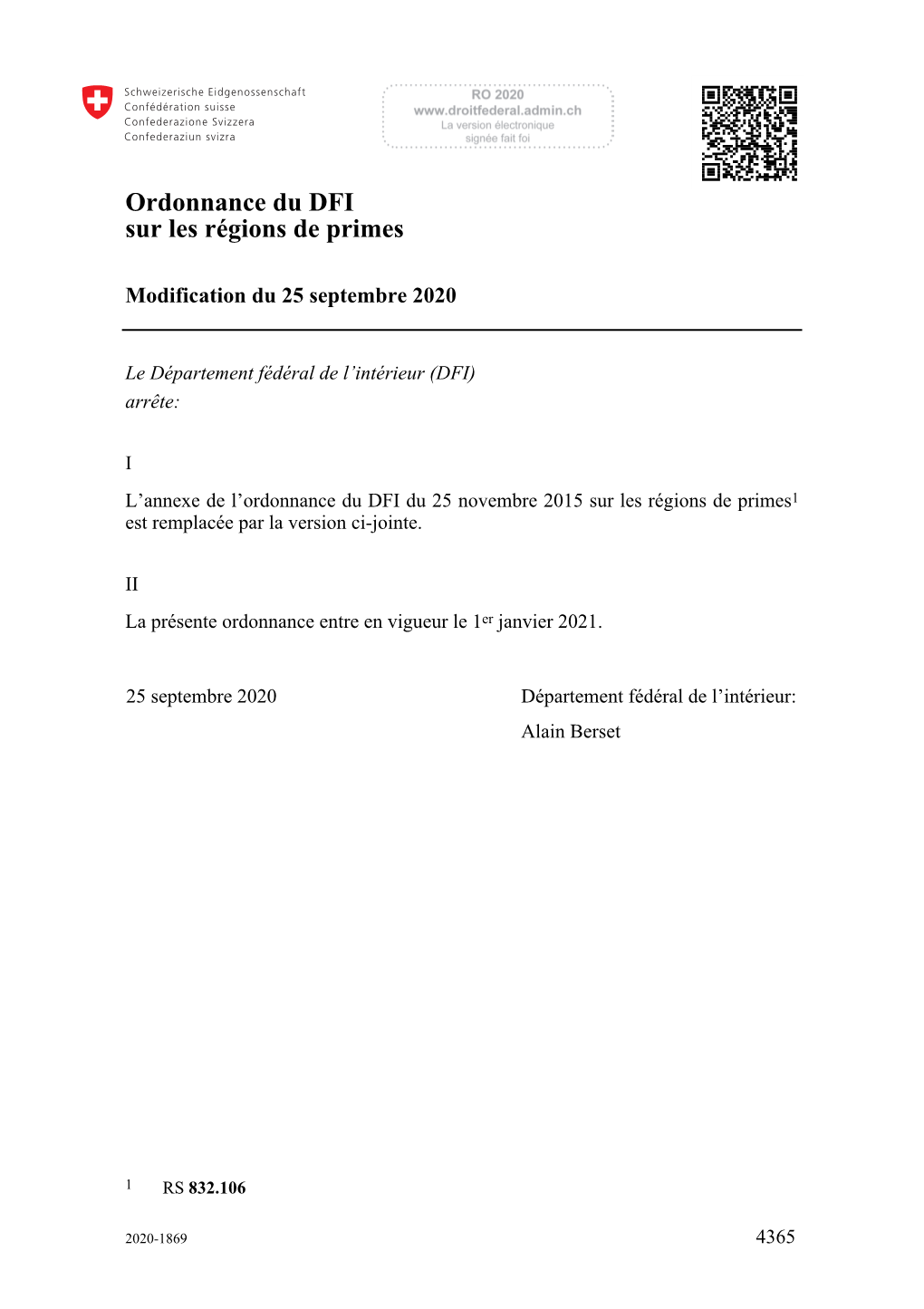 Ordonnance Du DFI Sur Les Régions De Primes