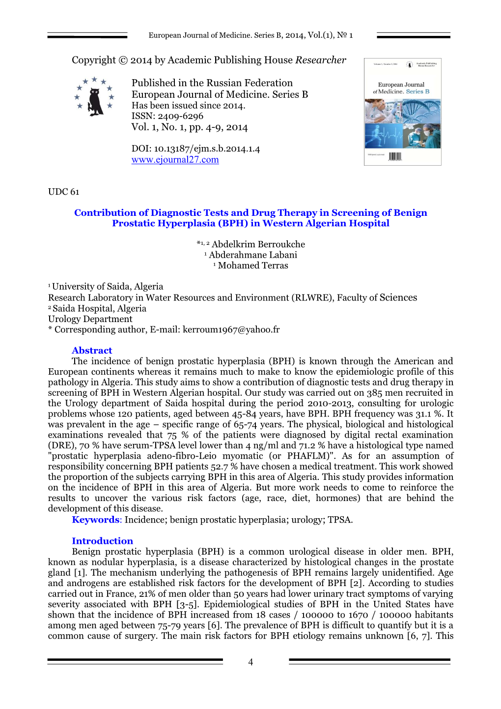 Contribution of Diagnostic Tests and Drug Therapy in Screening of Benign Prostatic Hyperplasia (BPH) in Western Algerian Hospital