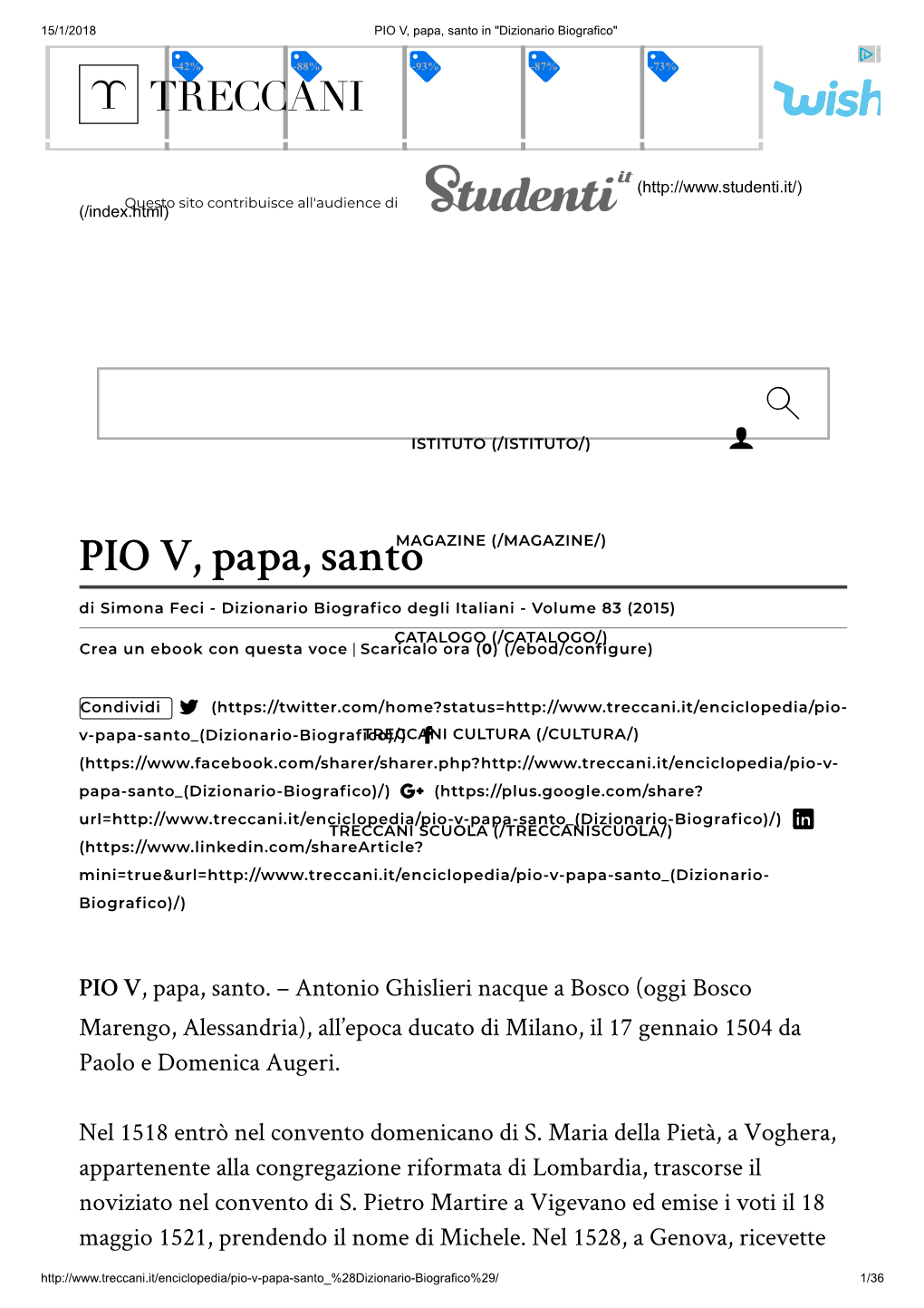 PIO V, Papa, Santo in "Dizionario Biografico"