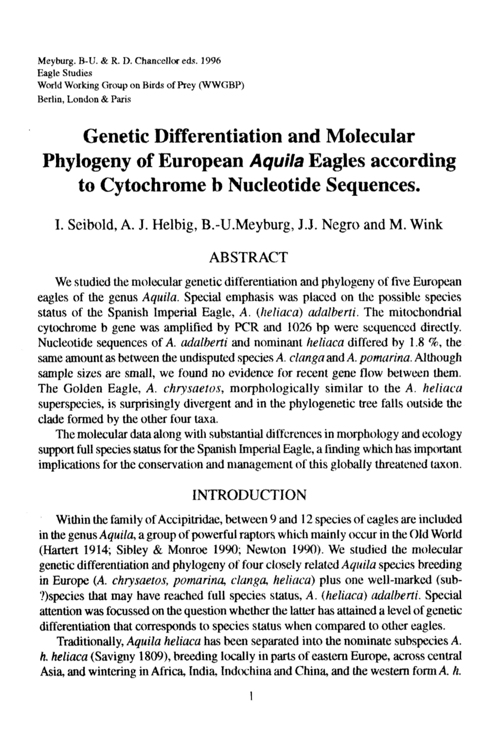 Genetic Differentiation and Molecular Phylogeny of European Aquiia Eagles According to Cytochrome B Nucleotide Sequences