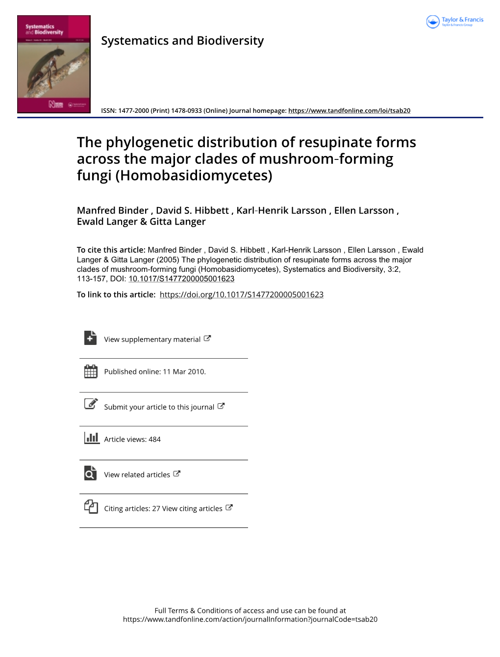 The Phylogenetic Distribution of Resupinate Forms Across the Major Clades of Mushroom‐Forming Fungi (Homobasidiomycetes)