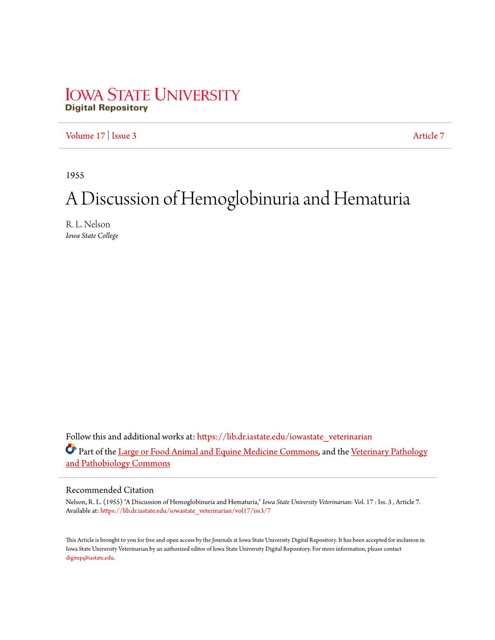 A Discussion of Hemoglobinuria and Hematuria R