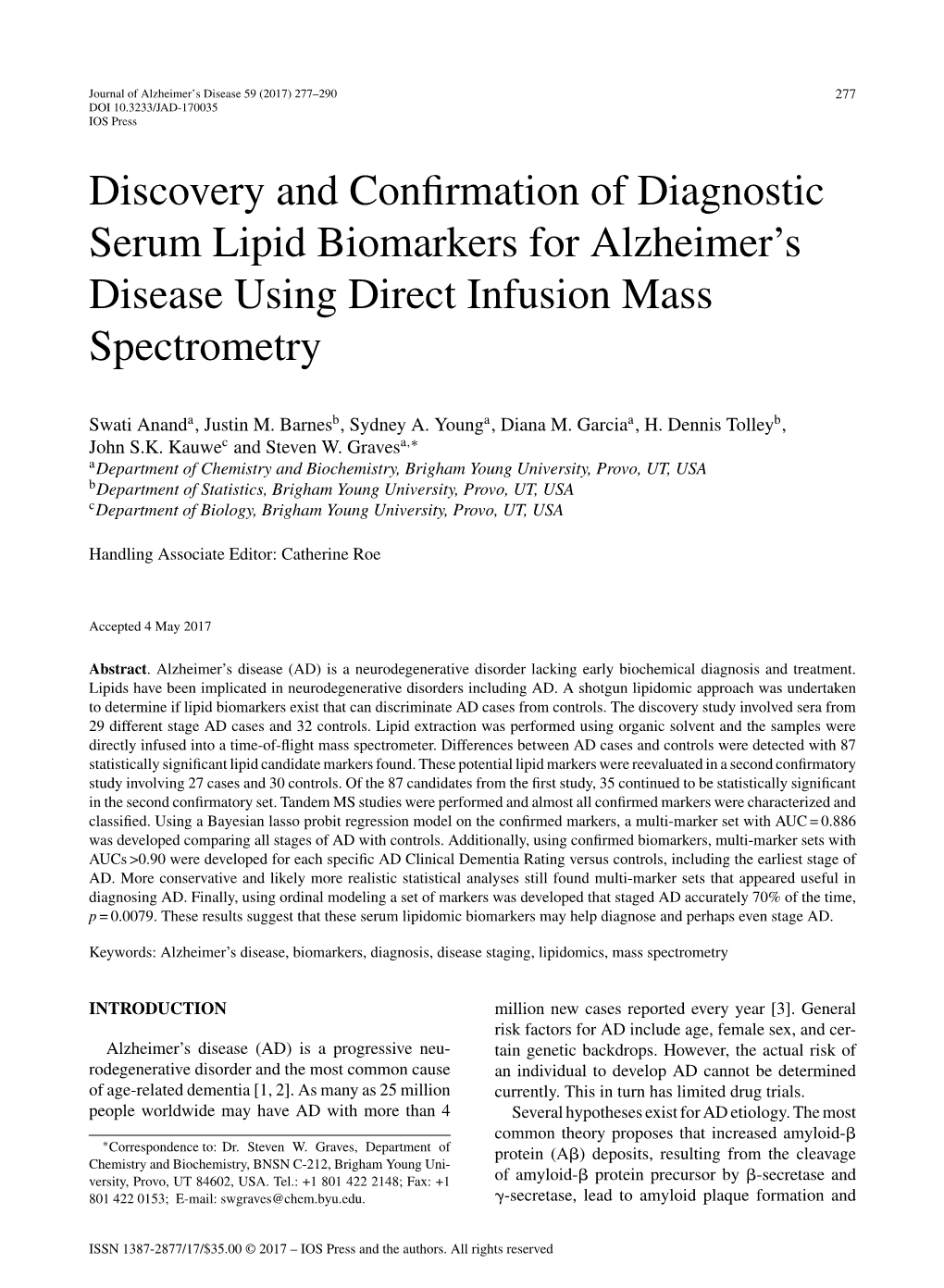 Discovery and Confirmation of Diagnostic Serum Lipid Biomarkers