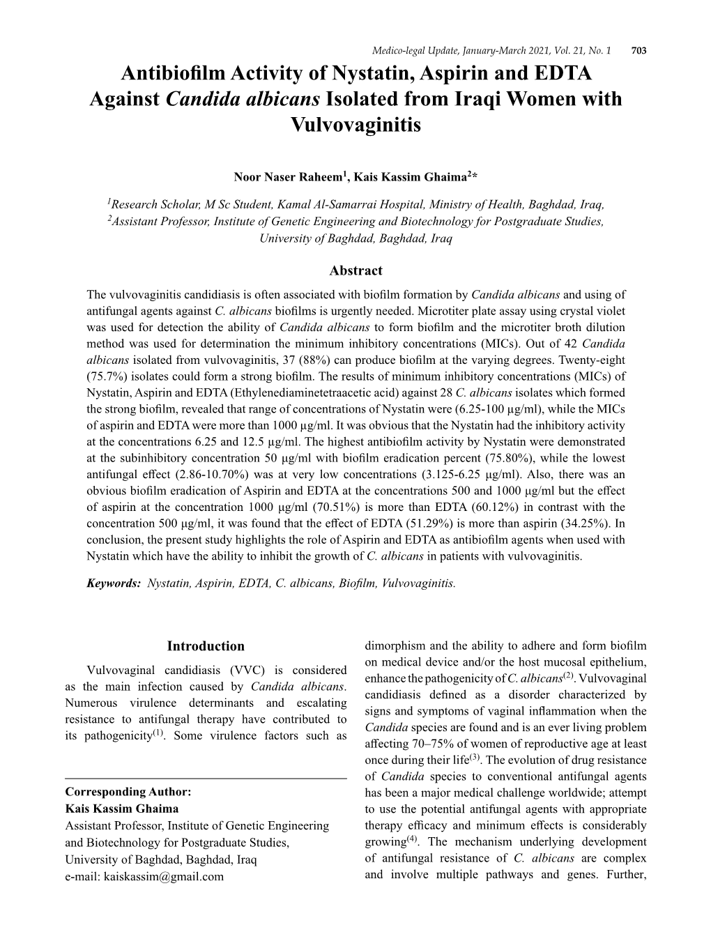 Antibiofilm Activity of Nystatin, Aspirin and EDTA Against Candida Albicans Isolated from Iraqi Women with Vulvovaginitis