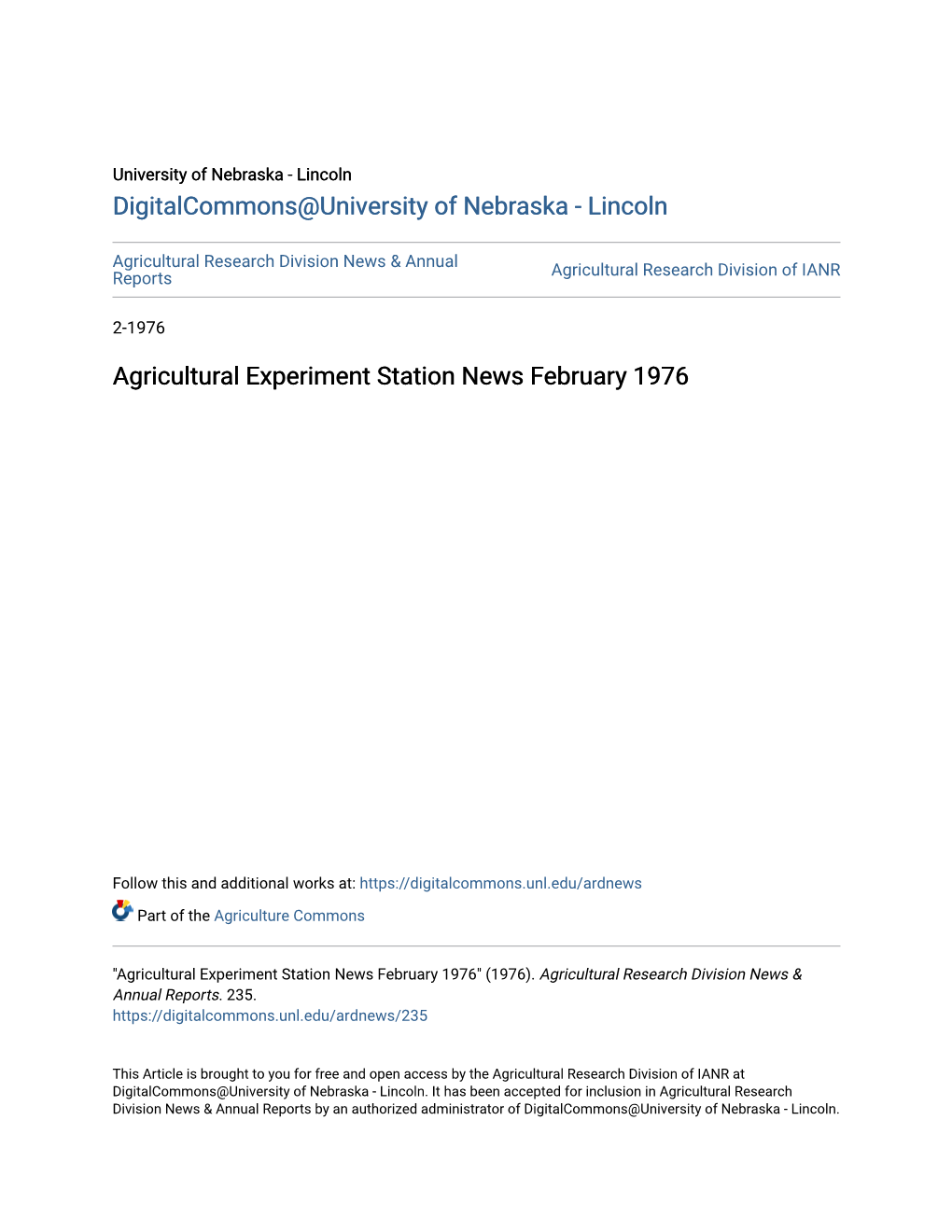 Agricultural Experiment Station News February 1976