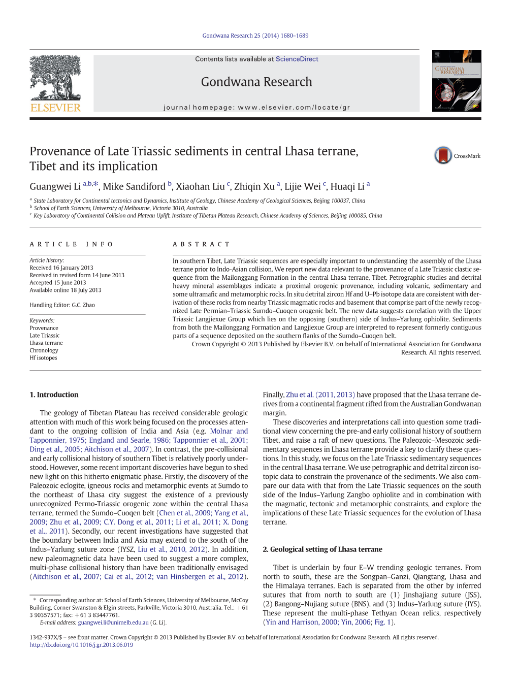 Provenance of Late Triassic Sediments in Central Lhasa Terrane, Tibet and Its Implication