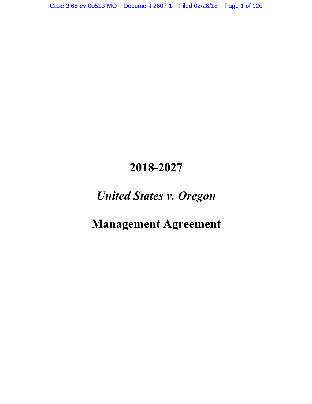 2018-2027 United States V. Oregon MANAGEMENT AGREEMENT