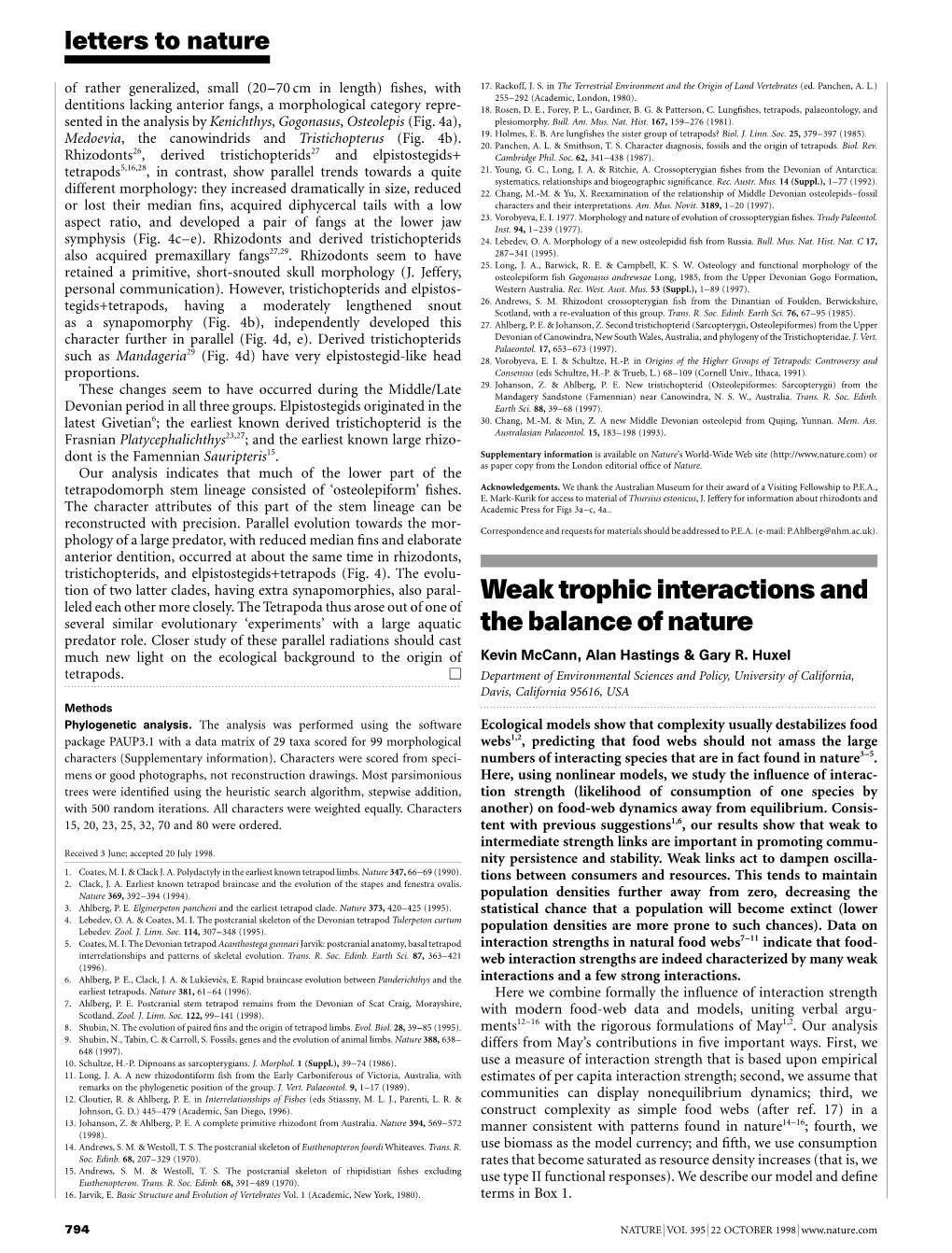 Weak Trophic Interactions and the Balance of Nature