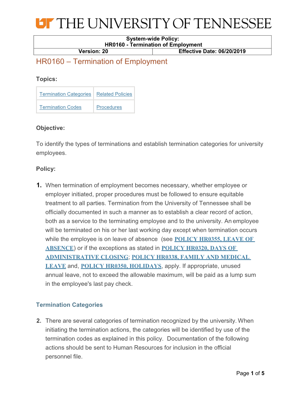 HR0160 - Termination of Employment Version: 20 Effective Date: 06/20/2019 HR0160 – Termination of Employment