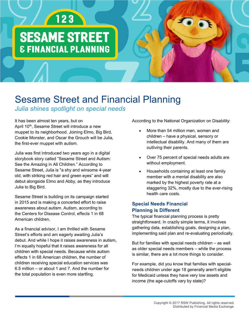 Sesame Street and Financial Planning Julia Shines Spotlight on Special Needs