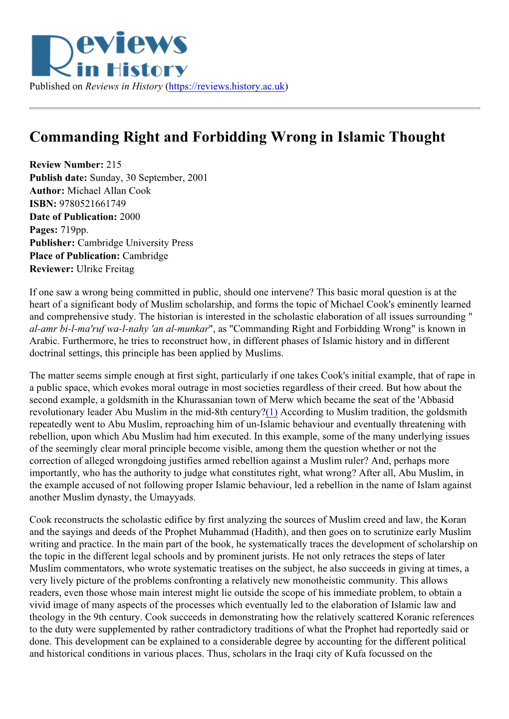 Commanding Right and Forbidding Wrong in Islamic Thought