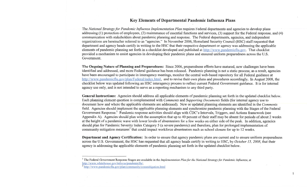 Key Elements of Departmental Pandemic Influenza Plans