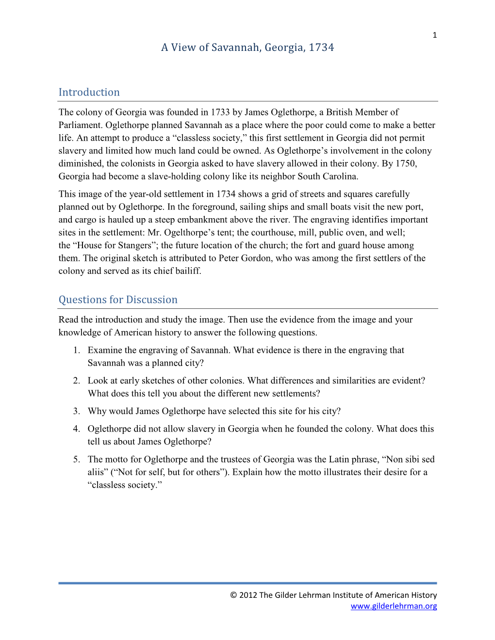 A View of Savannah, Georgia, 1734 Introduction Questions for Discussion