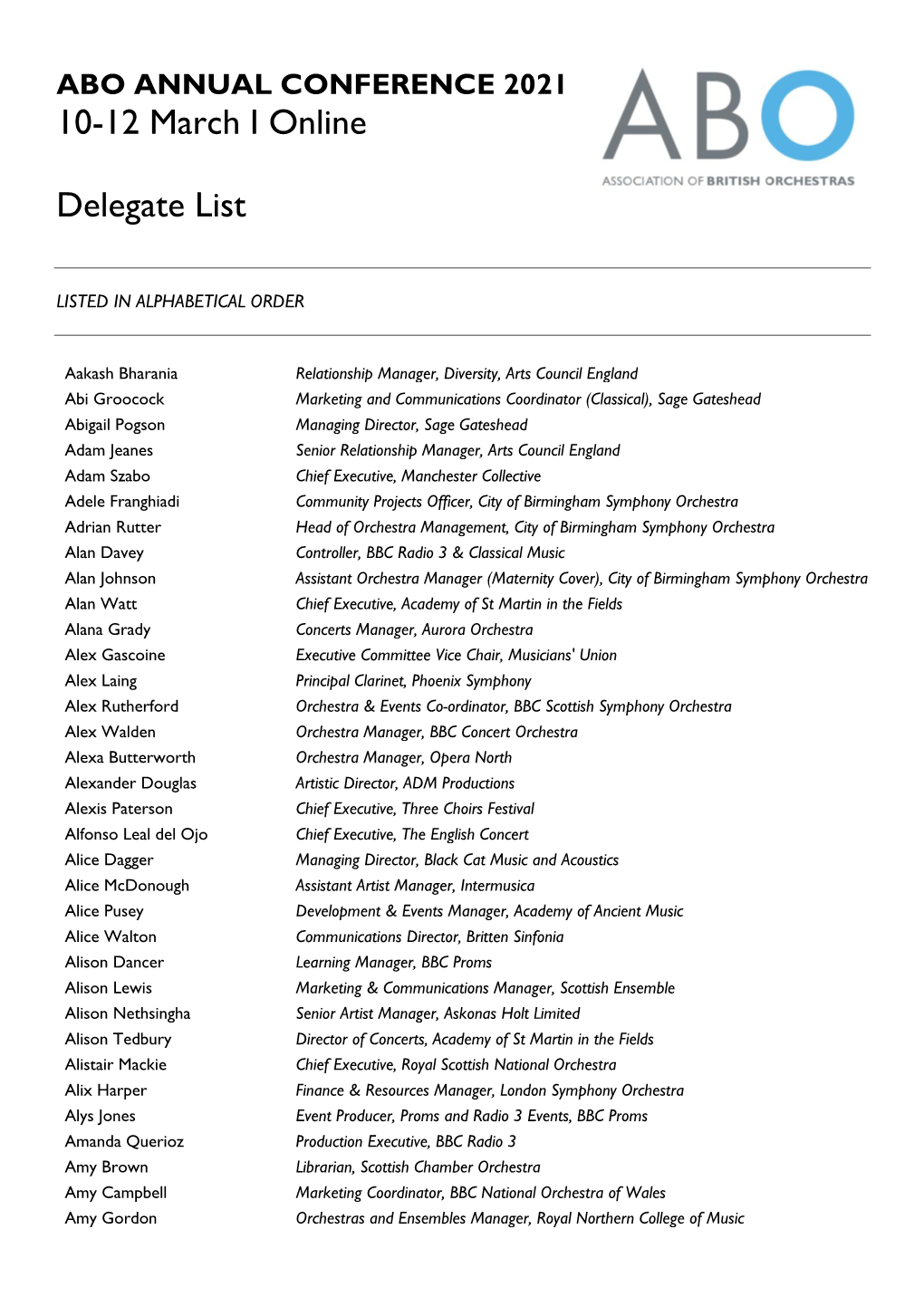 10-12 March I Online Delegate List