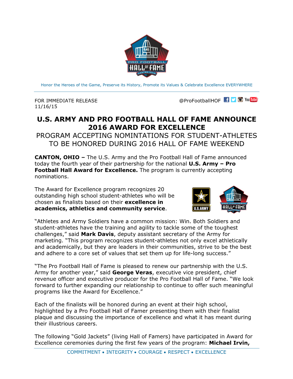 U.S. Army and Pro Football Hall of Fame Announce 2016