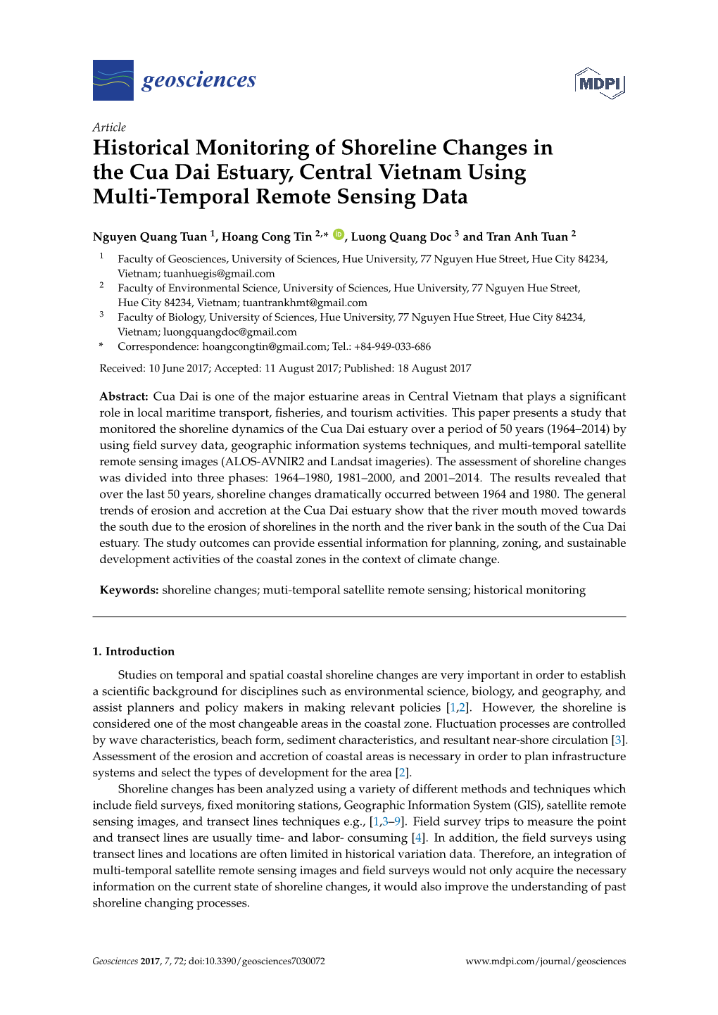 Historical Monitoring of Shoreline Changes in the Cua Dai Estuary, Central Vietnam Using Multi-Temporal Remote Sensing Data