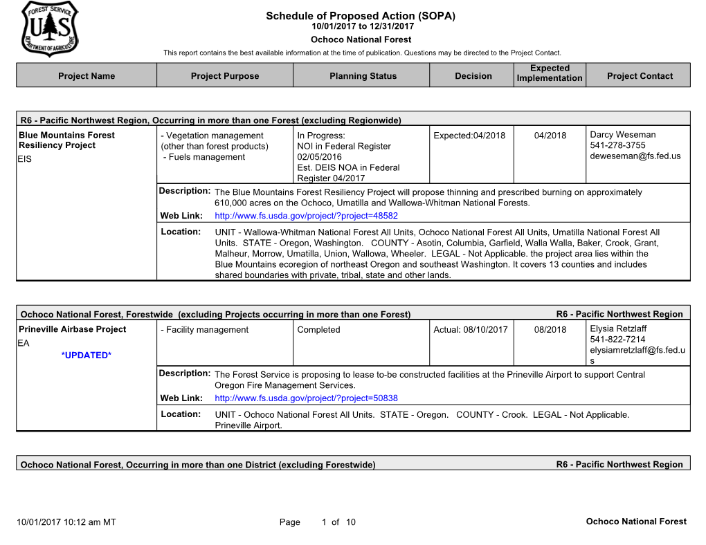 Schedule of Proposed Action (SOPA) 10/01/2017 to 12/31/2017 Ochoco National Forest This Report Contains the Best Available Information at the Time of Publication