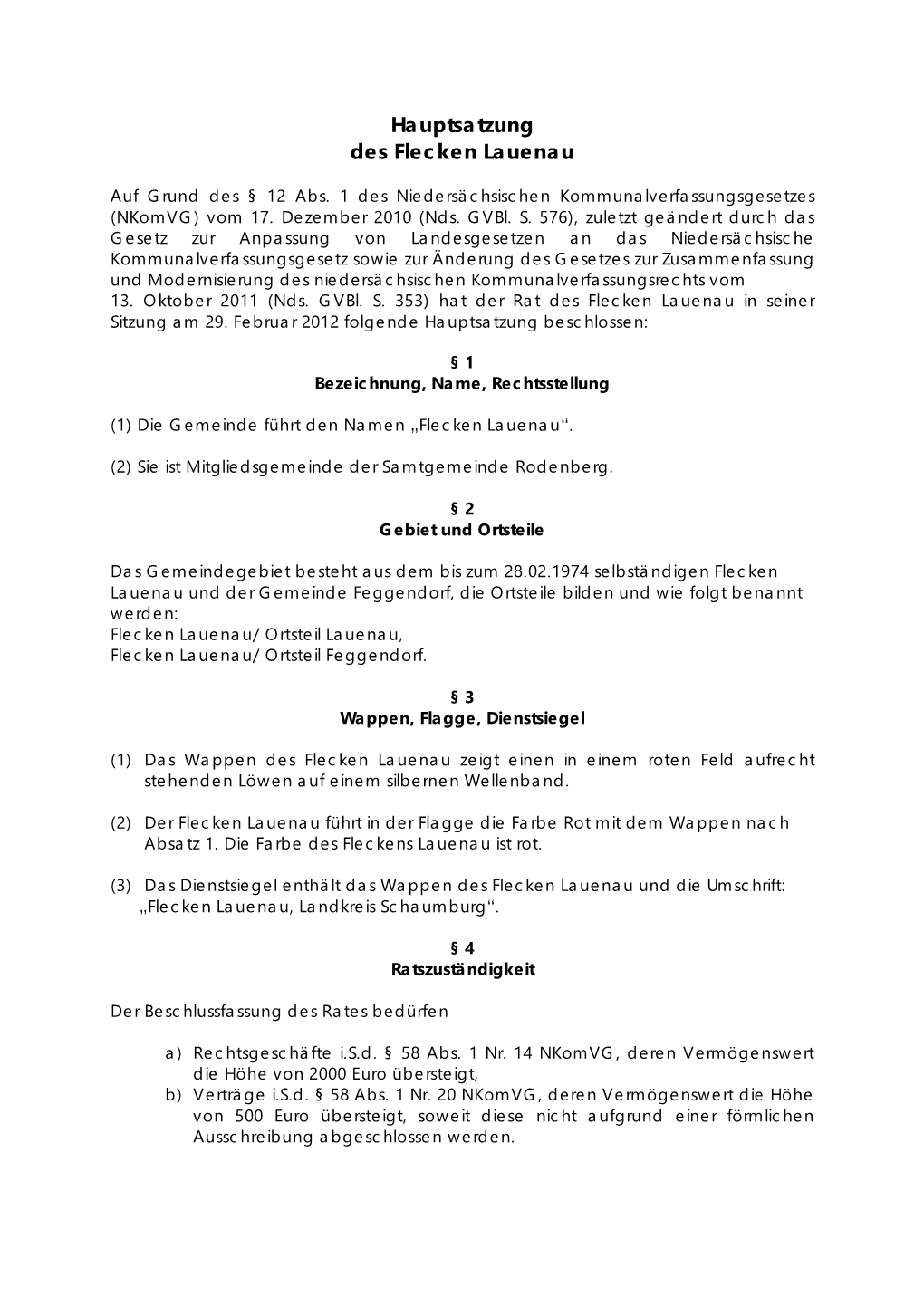 Hauptsatzung Des Flecken Lauenau