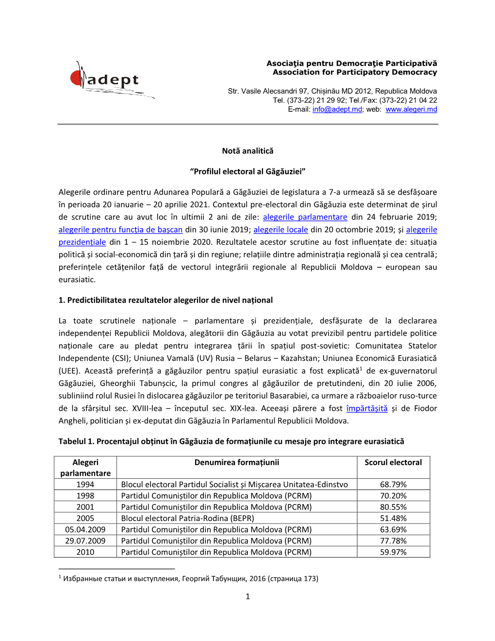 Notă Analitică “Profilul Electoral Al Găgăuziei”