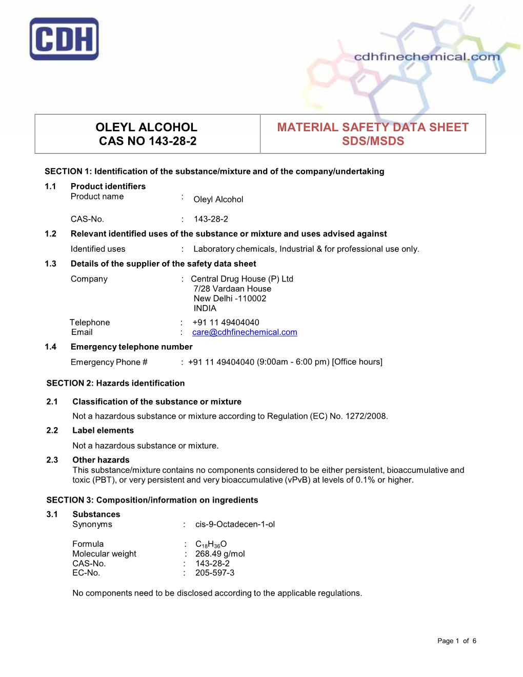 Oleyl Alcohol Cas No 143-28-2 Material Safety Data Sheet Sds/Msds