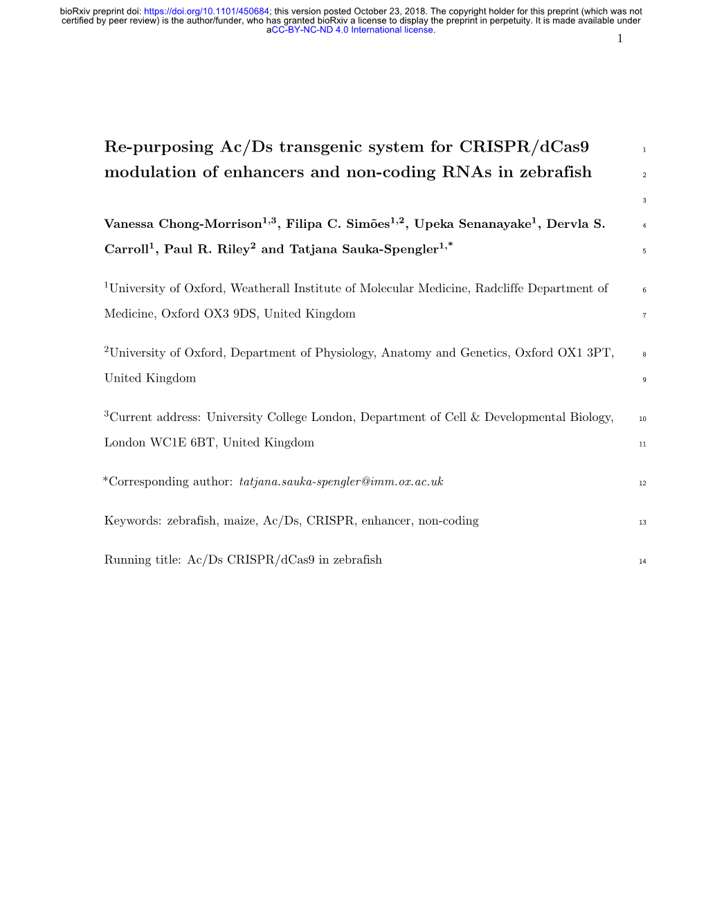 Re-Purposing Ac/Ds Transgenic System for CRISPR/Dcas9 1