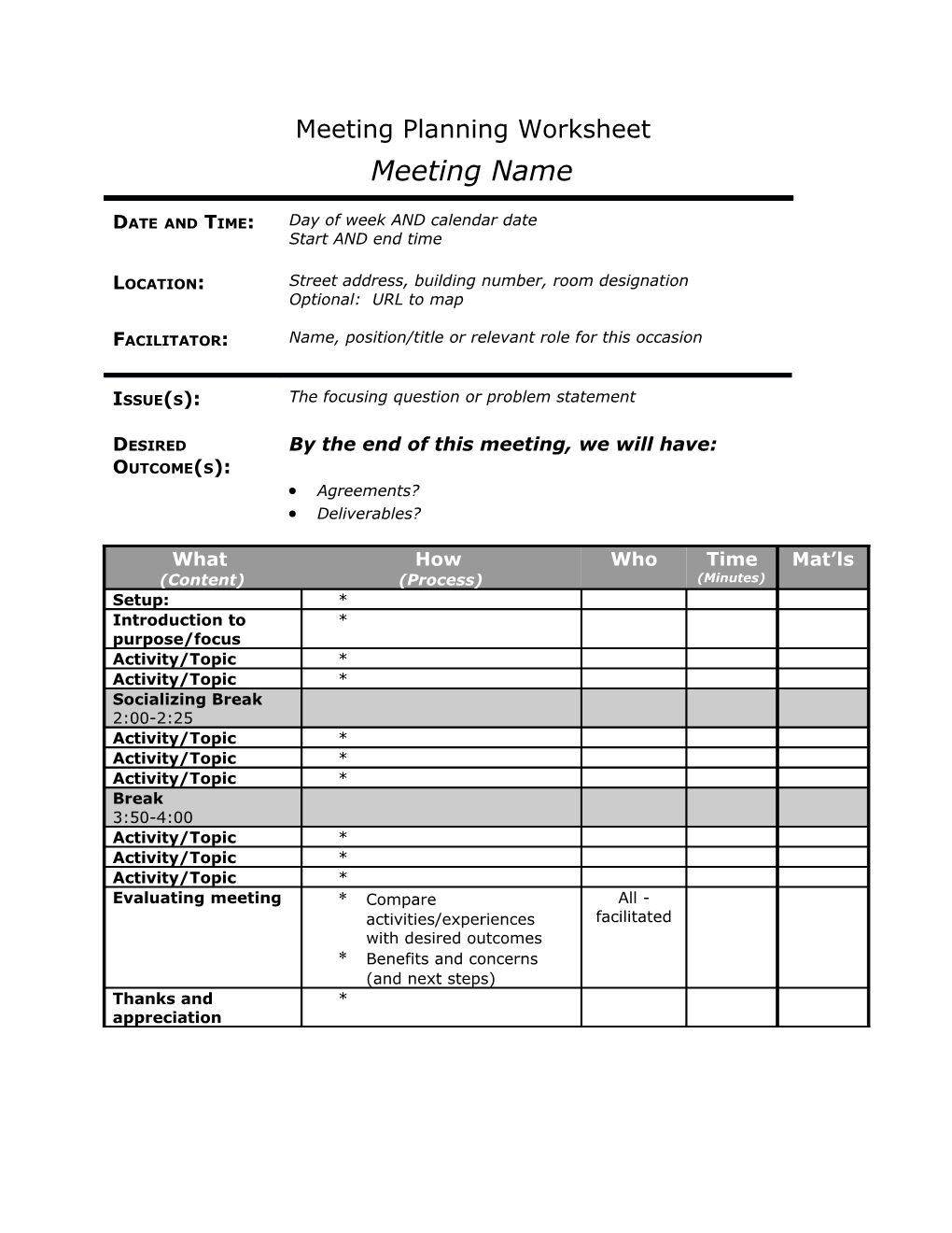 Meeting Planning Worksheet