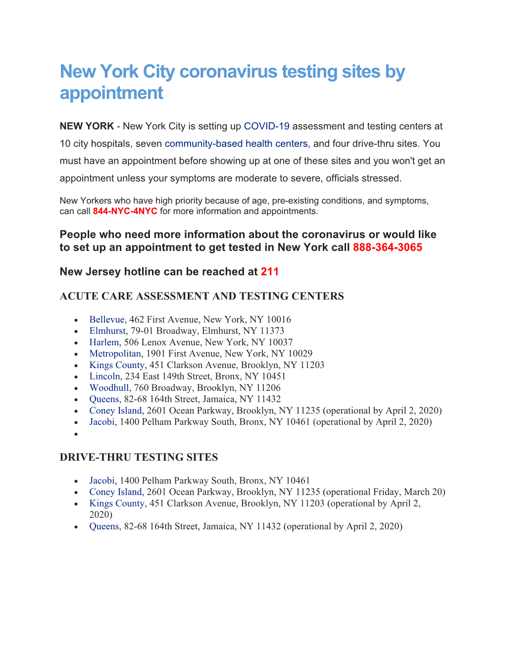 New York City Coronavirus Testing Sites by Appointment