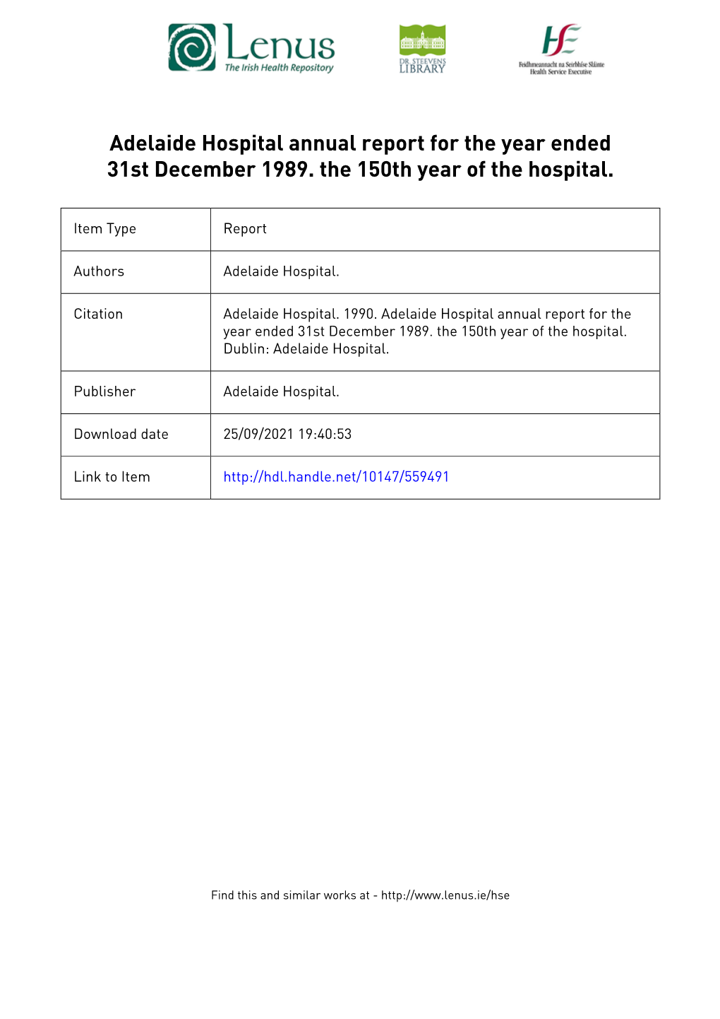 Adelaide Hospital Annual Report for the Year Ended 31St December 1989