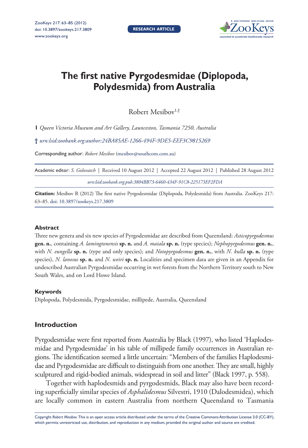 The First Native Pyrgodesmidae (Diplopoda, Polydesmida) from Australia