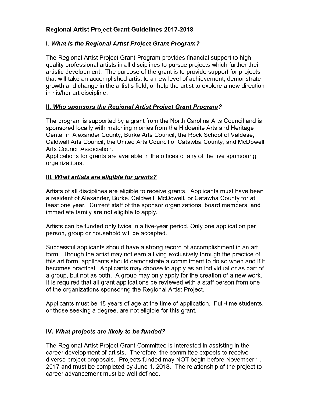 Regional Artist Project Grant Guidelines