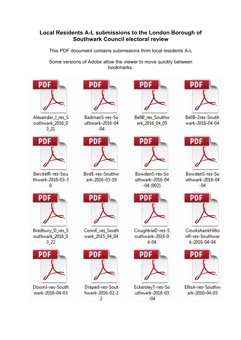 Local Residents A-L Submissions to the London Borough of Southwark Council Electoral Review