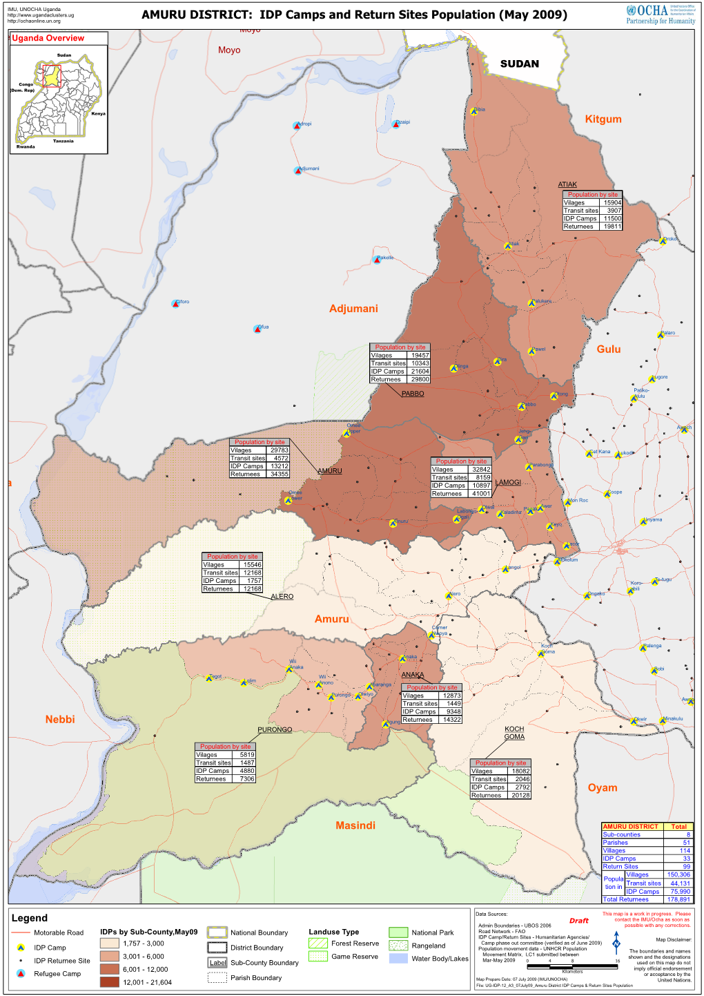 UG-IDP-12 A3 07July09 Amuru District IDP Camps & Return Sites