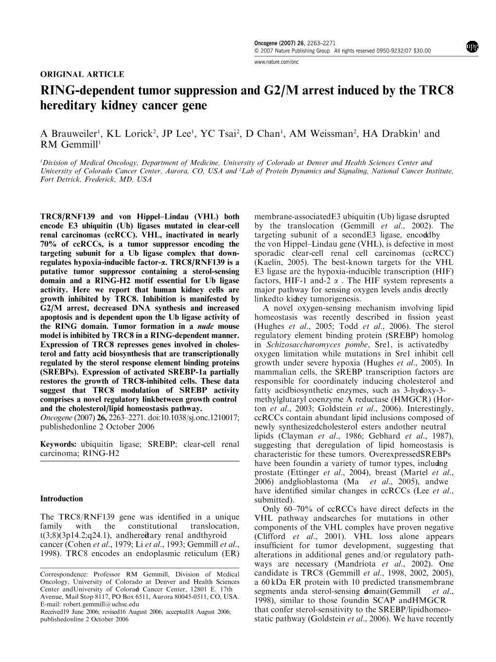 RING-Dependent Tumor Suppression and G2/M Arrest Induced by the TRC8 Hereditary Kidney Cancer Gene