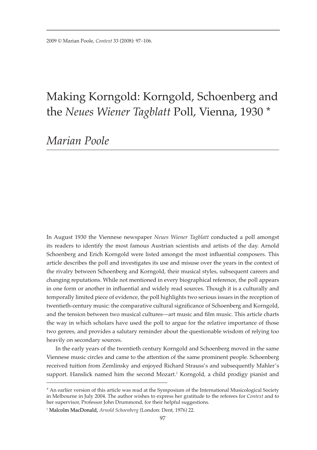 Making Korngold: Korngold, Schoenberg and the Neues Wiener Tagblatt Poll, Vienna, 1930 *