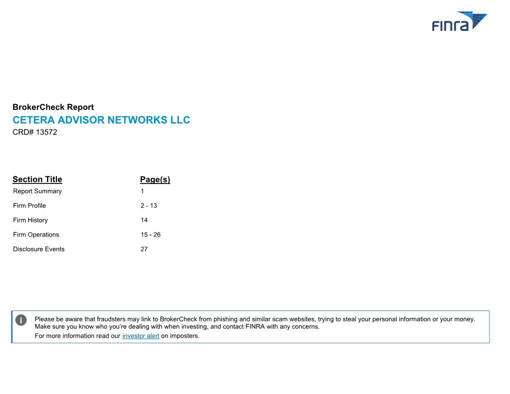 Brokercheck Report CETERA ADVISOR NETWORKS LLC CRD# 13572