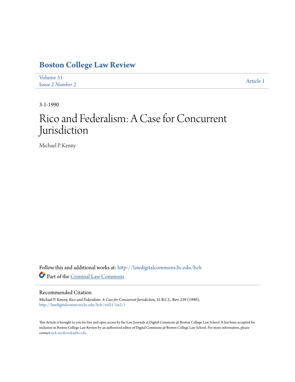 Rico and Federalism: a Case for Concurrent Jurisdiction Michael P