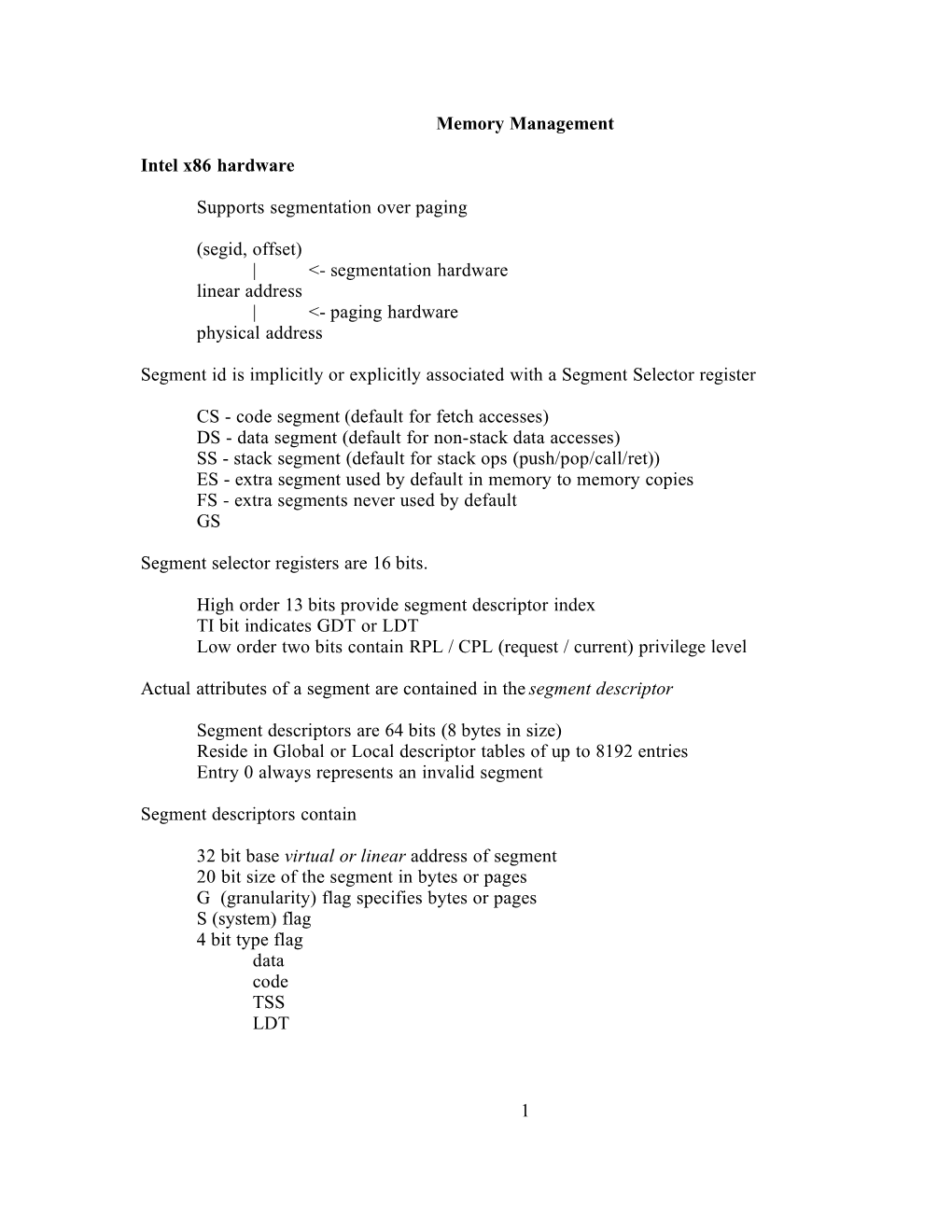 Memory Management Intel X86 Hardware Supports Segmentation