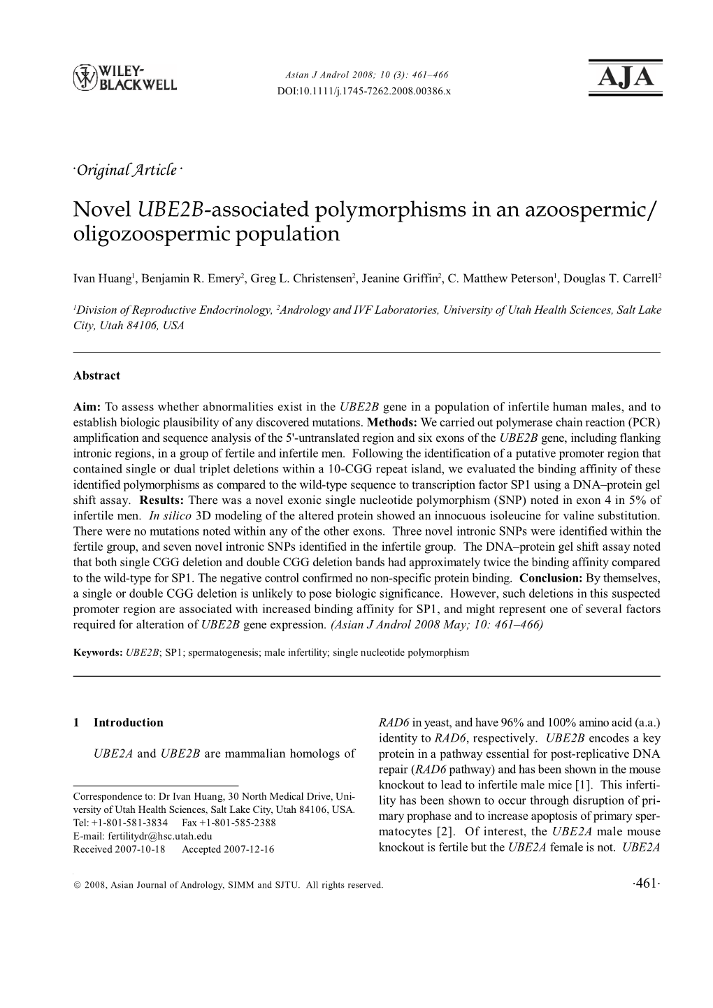 Novel UBE2B-Associated Polymorphisms in an Azoospermic/Oligozoospermic Population