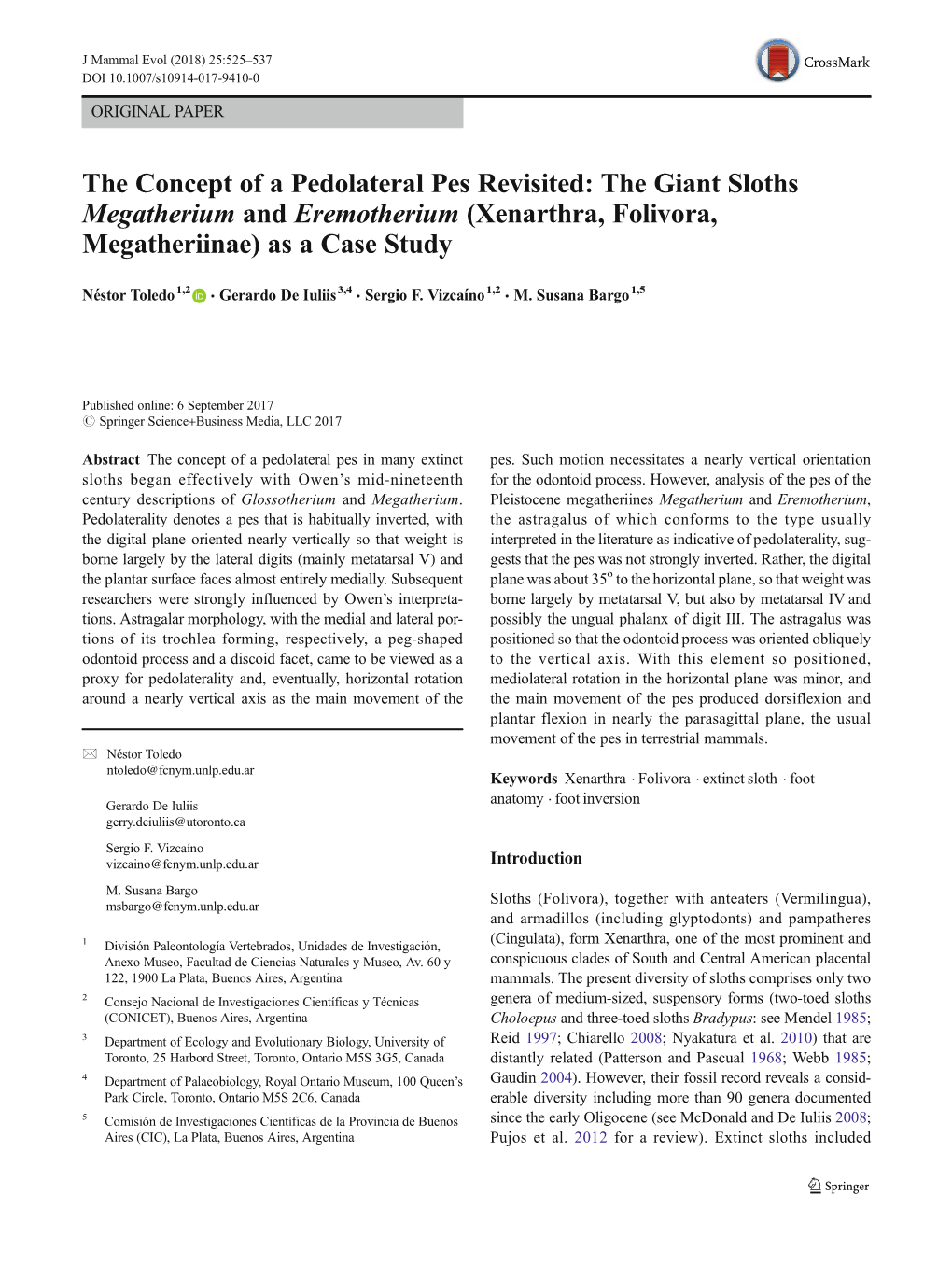 The Concept of a Pedolateral Pes Revisited: the Giant Sloths Megatherium and Eremotherium (Xenarthra, Folivora, Megatheriinae) As a Case Study