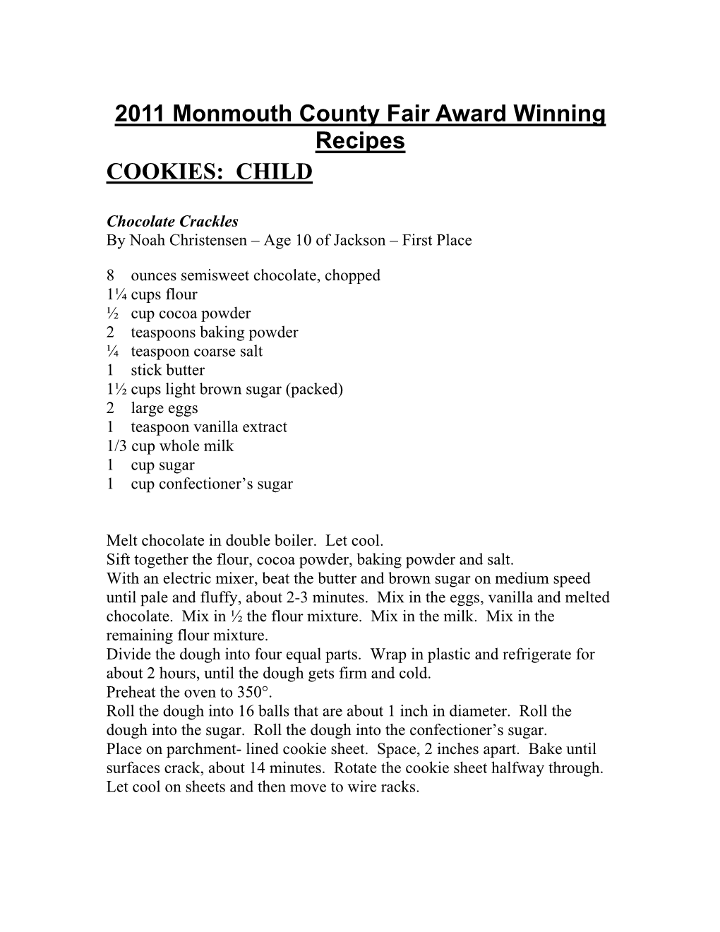 2011 Monmouth County Fair Award Winning Recipes COOKIES: CHILD