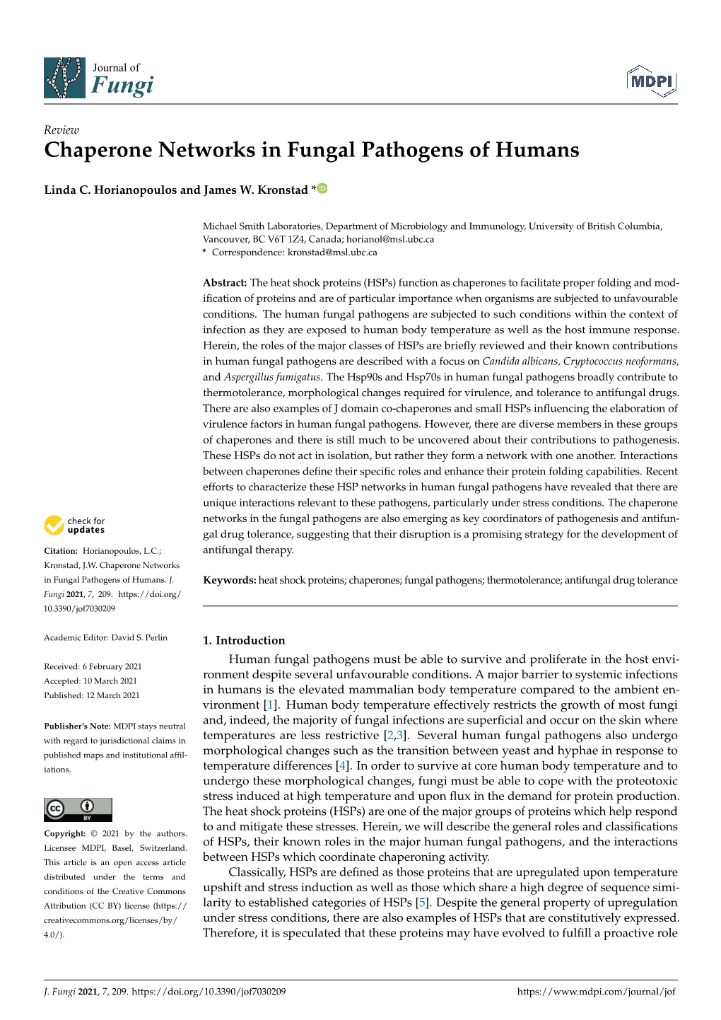 Chaperone Networks in Fungal Pathogens of Humans