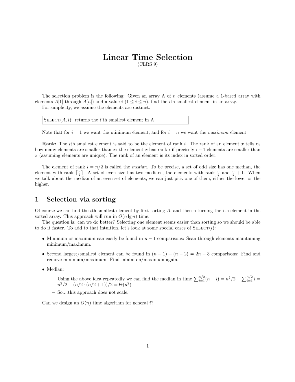 Linear Time Selection (CLRS 9)