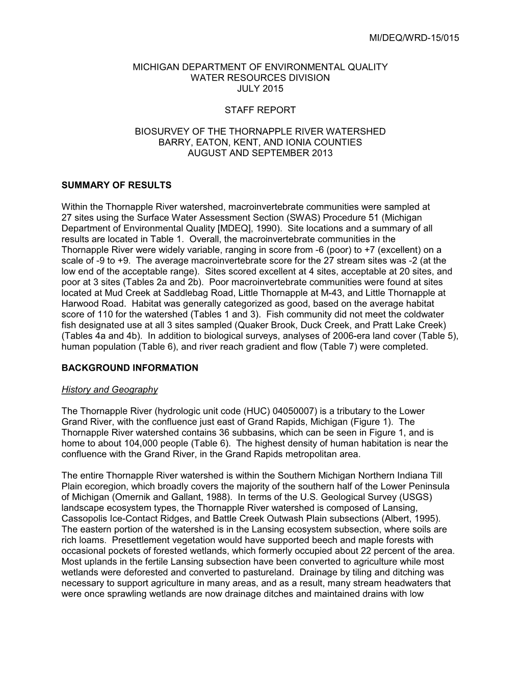 2013 Thornapple River Watershed Biosurvey Monitoring Report