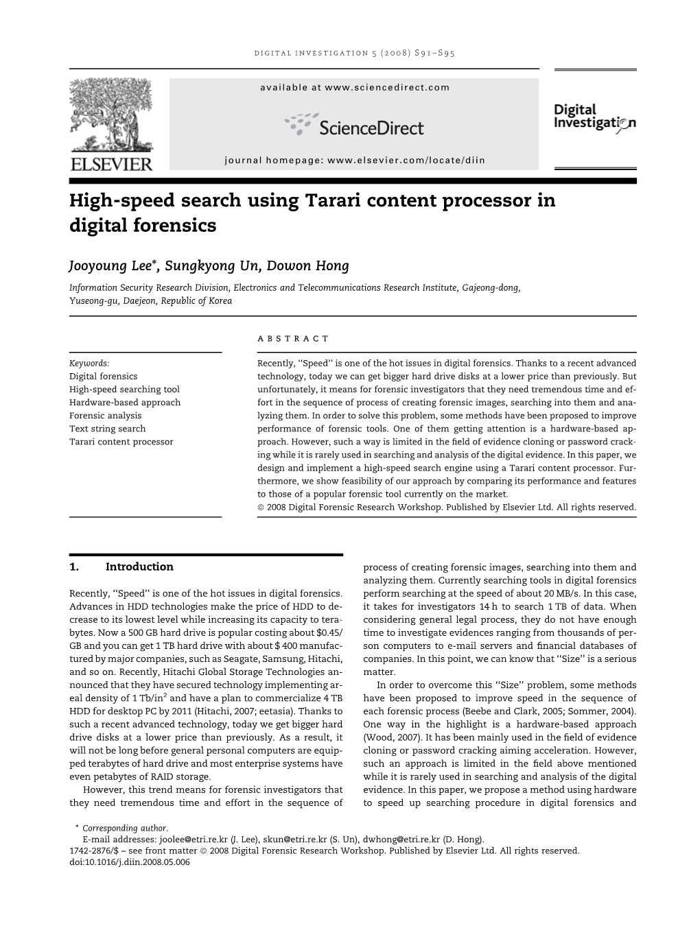 High-Speed Search Using Tarari Content Processor in Digital Forensics