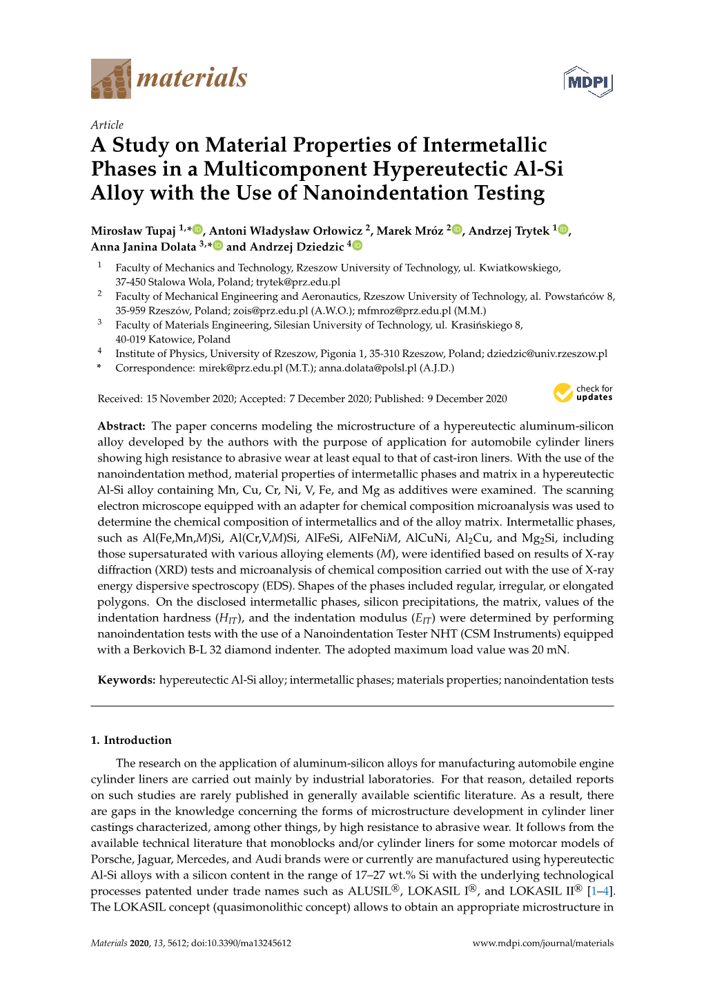 A Study on Material Properties of Intermetallic Phases in a Multicomponent Hypereutectic Al-Si Alloy with the Use of Nanoindentation Testing