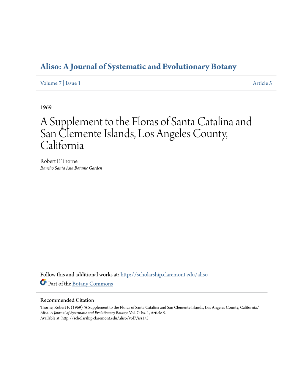 A Supplement to the Floras of Santa Catalina and San Clemente Islands, Los Angeles County, California Robert F