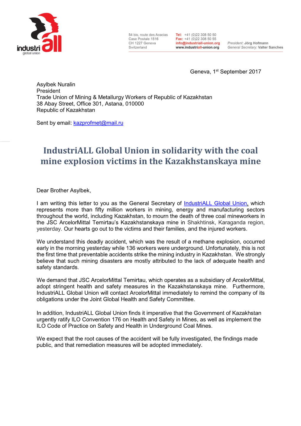 Industriall Global Union in Solidarity with the Coal Mine Explosion Victims in the Kazakhstanskaya Mine