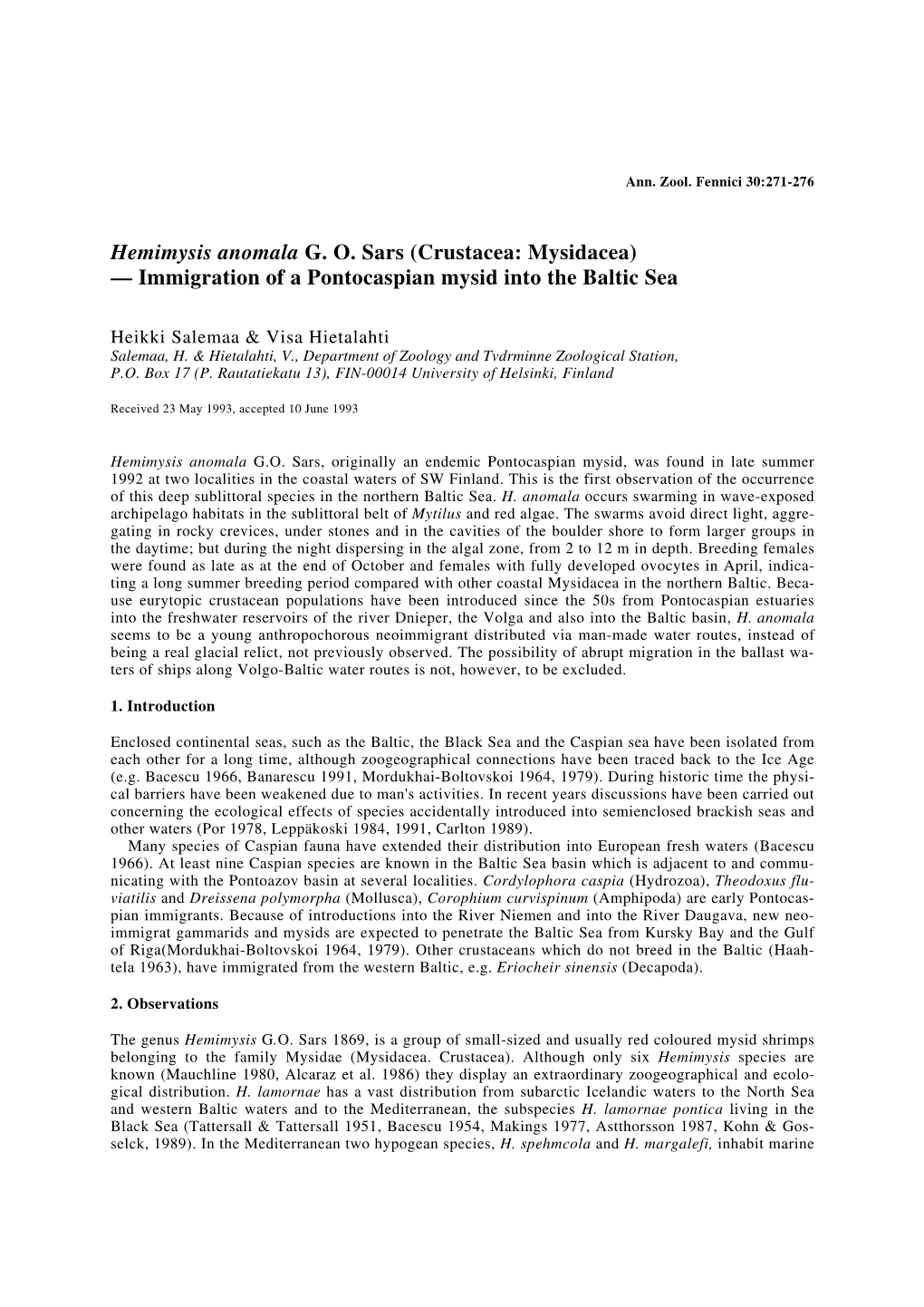 Hemimysis Anomala G. O. Sars (Crustacea: Mysidacea) — Immigration of a Pontocaspian Mysid Into the Baltic Sea